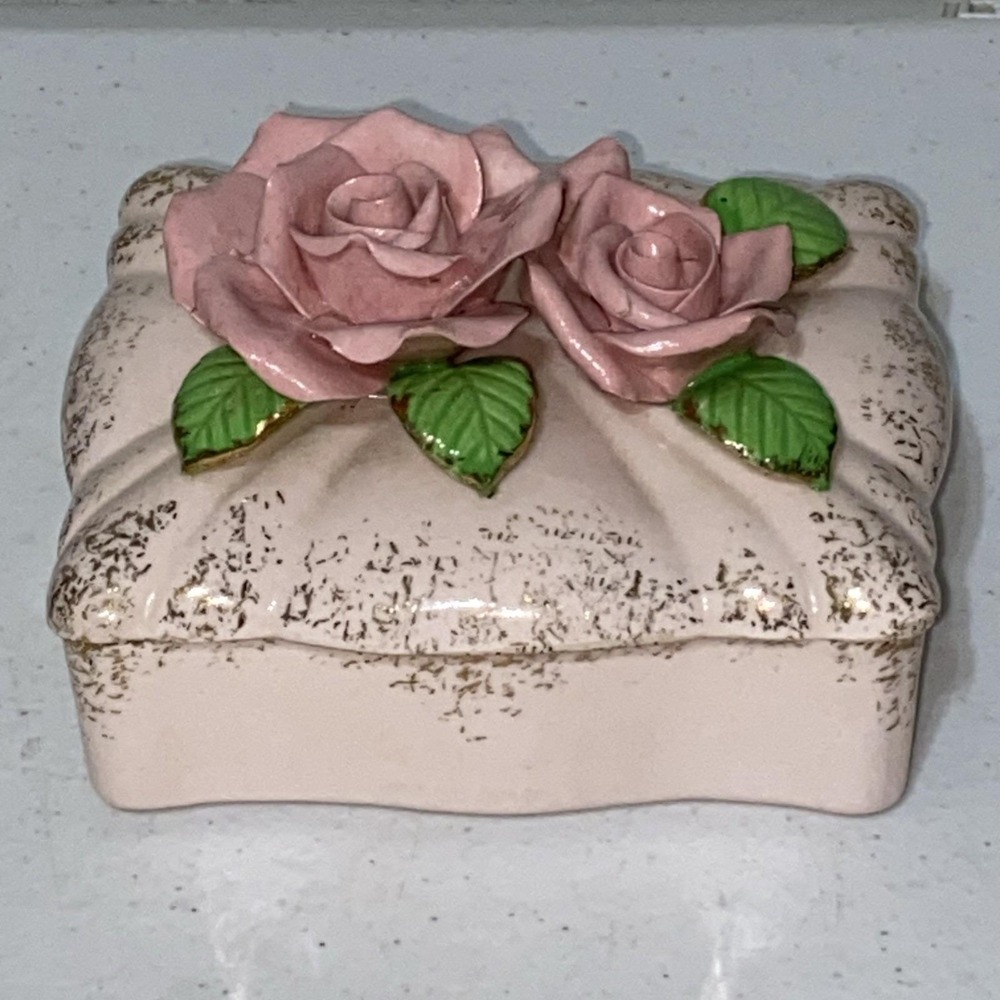 Vintage Made In Occupied Japan Rose Trinket Dish Pink Floral Jewelry Box Rare